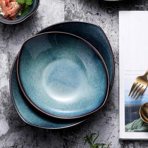 Płytki japoński styl nieregularny niebieski piec oka glazura ceramiczna stołowa zastawa stołowa kreatywne owoc sałatka lodowa crack porcelanowy sos sos sos