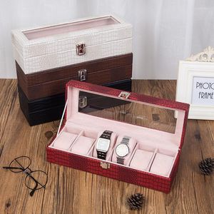 Jewelry Pouches European 6 Grids Watches Organizer PU Vintage Pattern Wristwatch Display Box With Window Men Women Birthday Gift