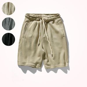 Herr shorts sommar japanska retro tungvikt tjockt material stickad fast färg ren bomullssport avslappnad 5-punkts byxor