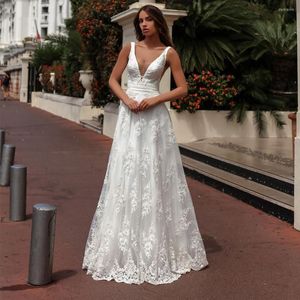 Wedding Dress Beach Sexy V-neck Lace Dresses 2023 Sleeveless Floral Applique Tulle Bride Gowns A Line Floor Length Vestido De Novia