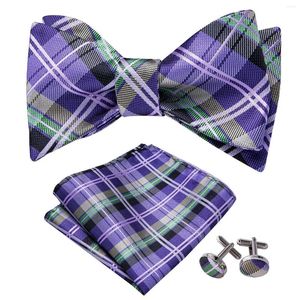 Bow Ties Men Bowtie Set Purple Silk Jacquard Fashion Plaid Bows Pocket Cufflinks Self-Bow Tie för Butterfly Party Wedding LH-1041