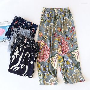 Kvinnors sömnkläder Summer Sleep Bottoms For Women Viscose Cartoon Print Loose Elastic Midje Pyjamas Pants Thin Cool Calf-Length