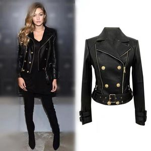 Couro feminino Couro Faux Annaantonie Parisstyle StreetStyleoutFit Global Ochain Jacket Botões de leão FAUX Motorcycle Biker F070