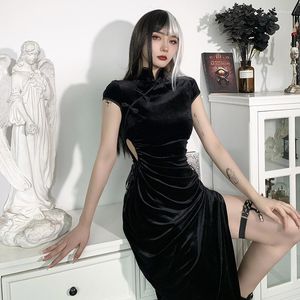 Ethnic Clothing Dark Gothic Velvet Chinese Cheongsam Dresses Vintage Women Black Bandage Slit Hem Bodycon Skirts Sexy Evening Qipao Dress