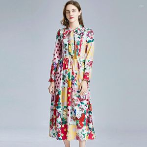 Casual Dresses Summer Lace Stitching Bow Tie Women's Dress Fashion Designer Maxi Vestidos Elegant Long Sleeve Sashes Flower Print