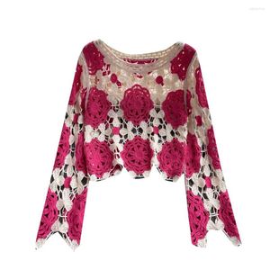 Damenblusen, Boho, locker, gehäkelt, hohl, langärmelig, Strickpullover, Damen, Sommer, Rundhalsausschnitt, T-Shirt, Oberteil, Strand, Garnelen, Hippie