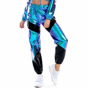 Женские штаны Capris Женщины рефлексивные с карманами с высокой талией свободные голографические лоскутные брюки Club Dance Jogger Clubwomen's