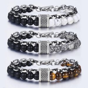 Link Bracelets Charm Lucky Men Beaded Natural Map Stone Bracelet For Gift Stainless Steel Beads Male Tigereye Strand Jewel Chain