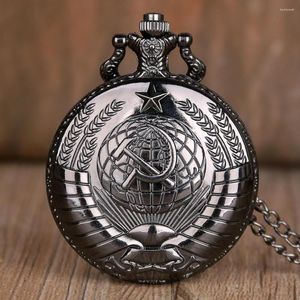 Pocket Watches Full Black Vintage Antique Ryssland Sovjet Sickle Quartz Pendant Clock for Mens Womens Gifts