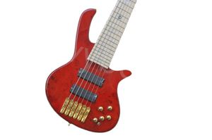 LVYBEST Electric Bass Guitar Red Body 6 Strings Maple Fingerboard with Gold Hardware Ge Customized Serv