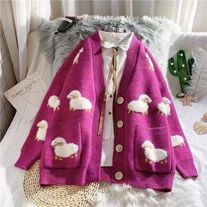 Women's Knits Korean Fashion Sheep Pattern Jacket Cardigan Spring Autumn Loose Casual Knitted Sweater V-Neck Elegant Temperamen Women Top