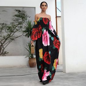 Abiti casual Donna Estate Sexy Scollo a barchetta Manica lunga Backless Off Shoulder Stampa floreale Street Maxi Party Dress Bianco Nero