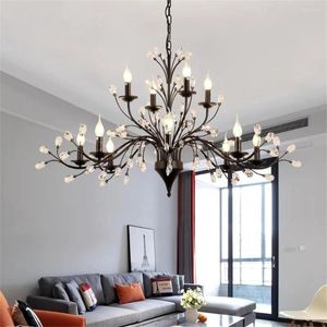 Kolye lambaları Siyah Demir LED Avizesi 3/6/9/12 Kafa El Villa Mutfak Vintage Ev Dekoru Armatürleri İçin Kristal Asma Işık