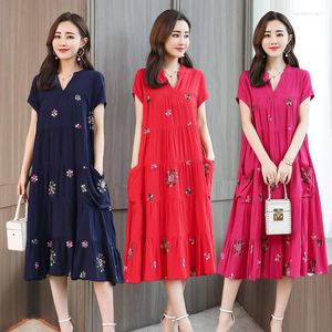 Party Dresses Cotton Silk Embroidered Dress Women Summer Style Kortärmad i mitten av långa Loft Large Size Casual Simple Swing 80