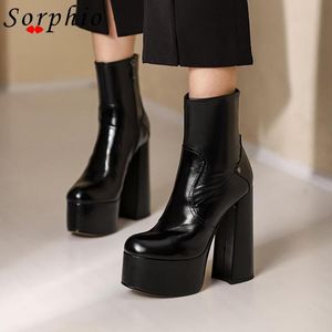 Boots Female Leather Leather Cow Platform Ankel Super High Heels Shoes Woman 2023 Genidation Brand Comfy