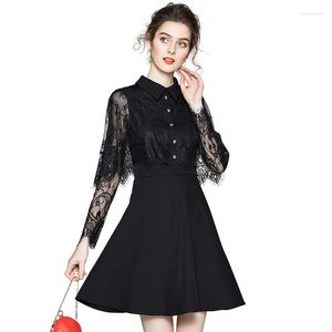 Casual Dresses Women Elegant Lace Dress Spring And Summer 2023 Fashion Turn-down Collar Long Sleeve Little Black