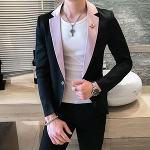 Men's Suits & Blazers Mens Korean Slim Fit Fashion Cotton Blazer Suit Jacket Black Blue Asian Size M To 3XL Male Coat Wedding