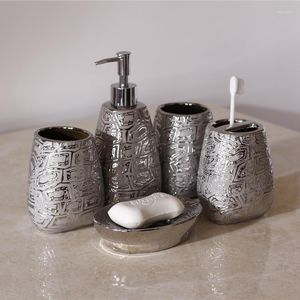 Bath Accessory Set Bathroom Amenities Simple Silver Ceramic Toothbrush Holder Soap Box Toothpaste Dispenser Lotion Bottle Cup Nordic