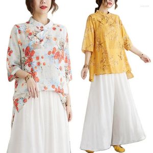 Women's Blouses Chinese Fashion Flax Blouse Floral Printing Three Quaters Sleeves Loose Design Stand Collar Frog Buttons Retro Lady
