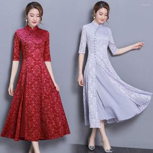 Etniska kläder 2023 Spring Summer Modern Cheongsam Women Ao Dai Lace Qipao Chinese Dress Long Qi Pao Party Vintage Elegant High Quality