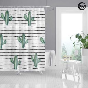 Duschgardiner polyester badrum gardin badmatta set tryckt randig söt kaktus vattentät 4 st toalett täckmatta