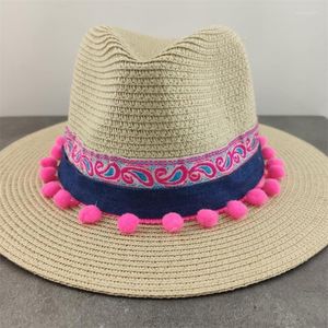 Breda brim hattar boho stil sol hatt floppy sommar för kvinnor strand panama halm kupol blommor femme skugga eger22