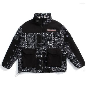 Men's Down Men Hip Hop Warm Padded Jackets Vintage Pattern Patchwork Windbreaker Streetwear Harajuku Winter Fleece Outwear Cotton Coats