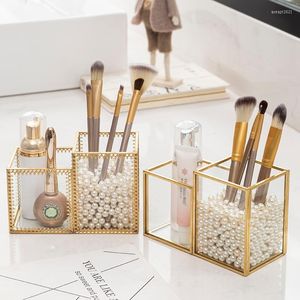 Förvaringslådor glas makeup borstlåda hållare smycken blyerts skopa arrangör skrivbord kosmetiska pärlor fat zm827