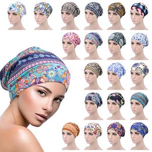 Berets Women Flower Print Turban Bacgy Hat Headwrap с двойной подкладкой Satin Night Sleep Cap Эластичная ткань цветочная химиотерапия