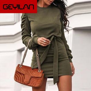 Lässige Kleider Weißes Mode-Damenkleid O-Ausschnitt Slim High Street-Stil Langarm mit Gürtel Herbst Winter Elegantes Büro