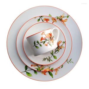 Plates Campsis Grandiflora China Bone Dinner Plate Set Coffee Cup Steak Dish Soup Disc Charger Porcelain Tableware