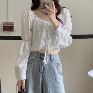 Women's Blouses French Square Collar Short Shirt Puff Sleeve Top Women Autumn Bow Knot Folds Waist Long-sleeved White Shirt2023 Fashion