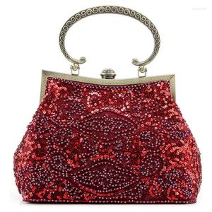 Torby wieczorowe Vintage Women Bag Crossbody Sprzęgło Burgundowe Pearl Pel -Bered Chaint Chain Impreza z metalowym hasp