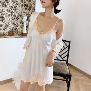 Women's Sleepwear Pajamas Women Spring And Autumn Ice Silk Sexy Two-piece Suspender Nightgown With Chest Pad Set Home Service