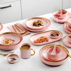 Plates Nordic Gilt Rim Pink Porcelain Dinner Plate Kitchen Tableware Ceramic Steak Dishes Rice Salad Noodles Bowl Cutlery