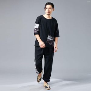 Active Sets Men Yoga Set Sportswear Cotton Linen Loose Chinese Traditional Casual Jogger Workout Outfit Meditation Sweatshirt Sweatpant