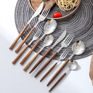 Dinnerware Sets 5/10pcs Wooden Cutlery Set Stainless Steel Knife Fork Spoon Dessert Imitation Wood Brand Kitchen Tableware