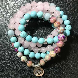 Fios com miçangas de 8 mm de 8mm Imperador Jasper azul turquesa rosa quartzo elástico bracelete 108mala ioga jóia de cura lótus buda c