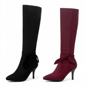 Ladies Mid Calf Womens Boots Knee High Bowknot Stiletto Heel Zip Up 44/48 Warm Winter Shoes Plus Size 2024 94729