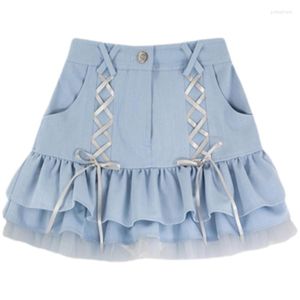 Kjolar lolita kawaii hög midja mini kjol kvinnor mode 2023 denim tutu veckade jean koreanska flickor en linje gotisk kort skort