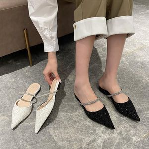 Slippers Fashion Women Pointed Toe Black White Shallow Slip On Flats Elegant Party Rhinestone Design Slides Flip Flops