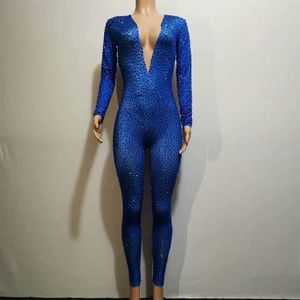 Stage Wear Rhinestone Decoration Jumpsuit Women Birthday Celebrate Stretch Costume Blue High Elastic Bodysuit Performance Dance Show DJ946