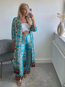 Casual Dresses Casaul Ethnic Print Half Sleeve Dress Trousers Sets Women Fashion Pants Suits 2023 Summer Lady Single Breasted Robe OutfitsCa