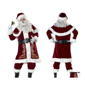 Juldekorationer Deluxe Veet Santa Claus Suit ADT MENS Costume Gloves ADD SHAWLADDHATADDTOPSADDBELTADDOTOFOT Eraddgloves Cosplay DH5A6