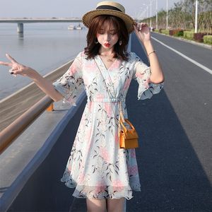 Casual Dresses Women's Summer Dress 2023 Chiffon Floral Print High Waist Rice White Turquoise DropCasual