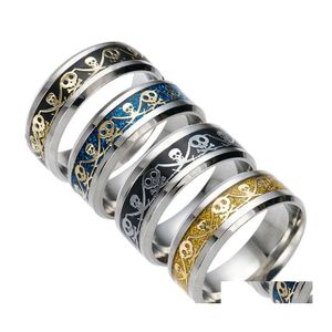 Band Rings Stainless Steel Pirate Style Mens Punk Skl Skeleton Knife Pattern Titanium Ring For Women Fashion Jewelry Drop Delivery Otbey