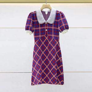 Casual Kleider Luxus Designer Kleidung Koreanische Mode Vintage Puff Hülse Lila Plaid Für Frauen 2023 Sommer Gestrickte Vestidos Mujer