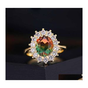 Wedding Rings Red Green Stone Sunflower For Women White Yellow Gold Color Rainbow Fire Crystal Ring Band Jewelry Drop Delivery Dhirq