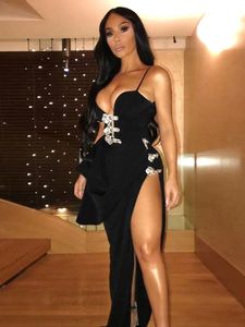 Casual Dresses Ailigou 2023 Women's Spaghetti Strap Sexig V Neck Diamond Buckle Cutout Tight Tall Split Long Bandage Dress Celebrity Part