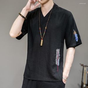 Men's T Shirts Summer 2023 Embroidered Loose Linen National Style V-neck T-shirt Top